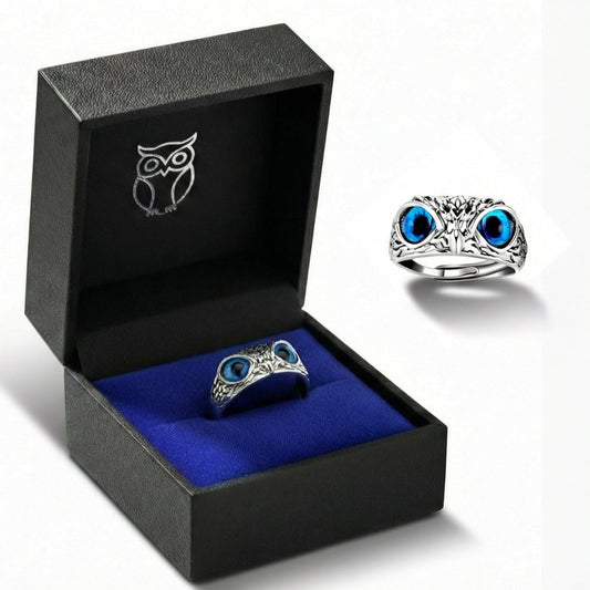 925 Silver Owl Ring with blue eyes (Adjustable size) Fit to any one on any finger